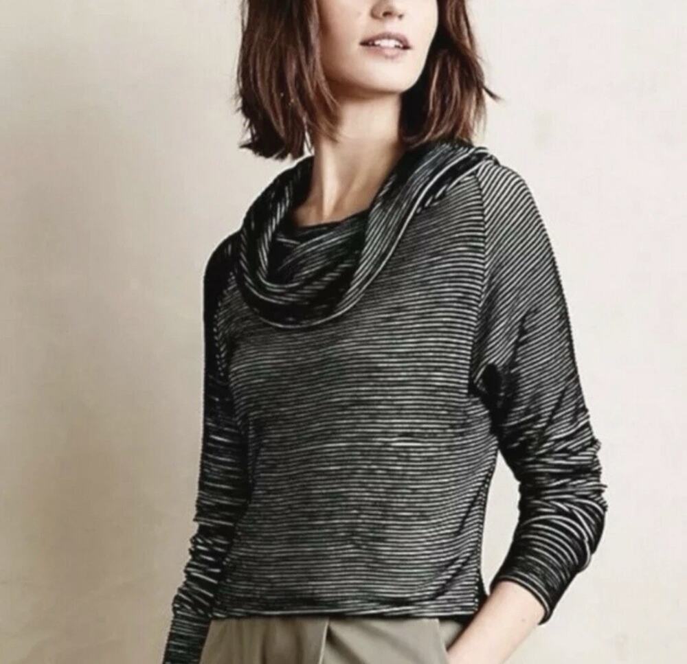 Anthropologie Dolan Striped Cowl Neck Top Black White Long Sleeve Pullover M